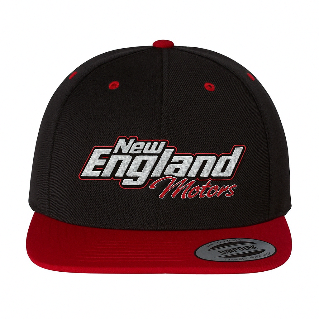 New England Motors Embroidered Snapback Hat – Red/Black