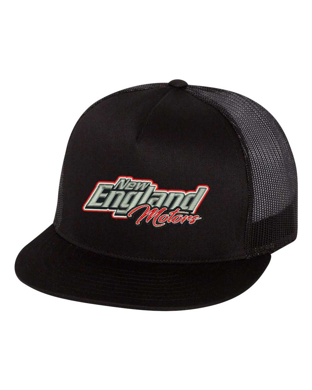 New England Motors Embroidered Trucker Hat – Black Mesh Snapback